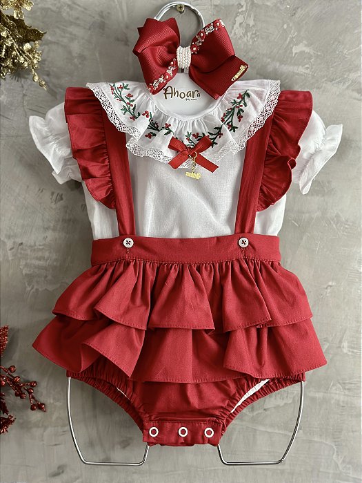 Jardineira com Body Trepadeira Bordada Luz de Natal - Vermelho