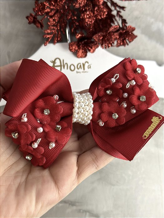 Laço Grande Bordado Flores 3D Luz de Natal na Presilha