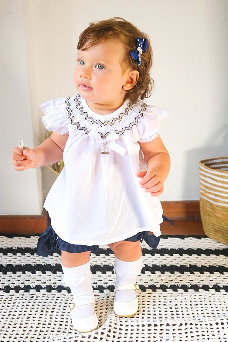 Conjunto Infantil Bata com Culote ou Short Navy dos Sonhos Detalhes Azul Marinho Roana