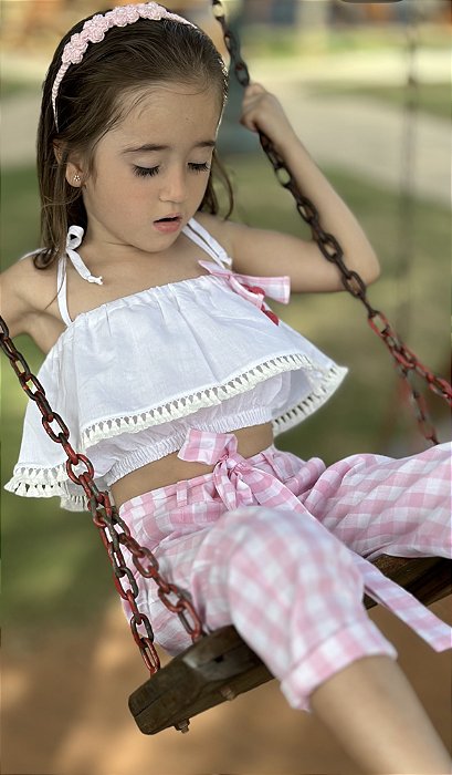 Conjunto Infantil Cropped com Calça Doce Moranguinho Rosa Roana