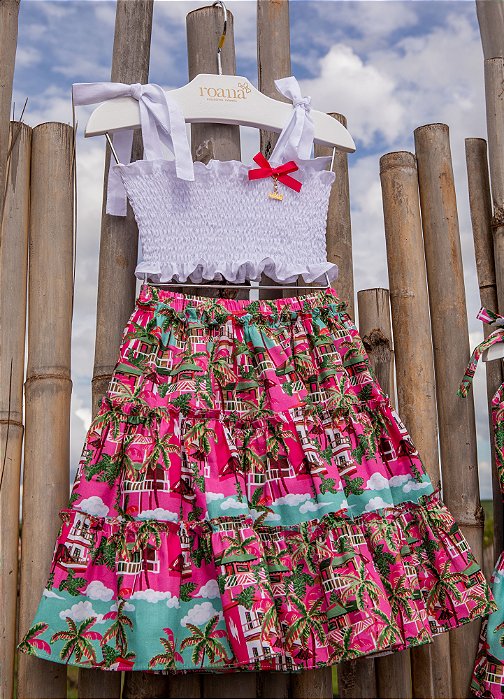 Conjunto Infantil Cropped com Saia Caraíbas Estampado Roana