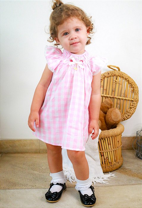 Vestido Infantil com Calcinha Doce Moranguinho Xadrez Rosa Roana