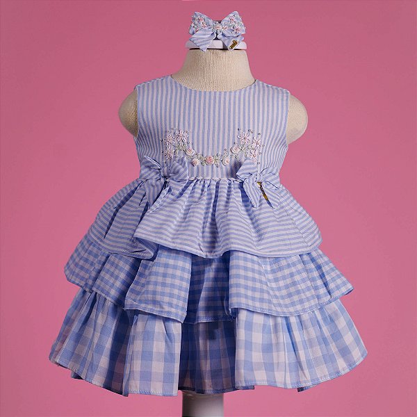 Vestido Infantil Algodão Doce Babados Azul Roana