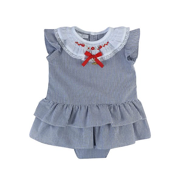 Vestido Infantil com Calcinha Pétalas do Mar Listrado Azul Marinho Roana