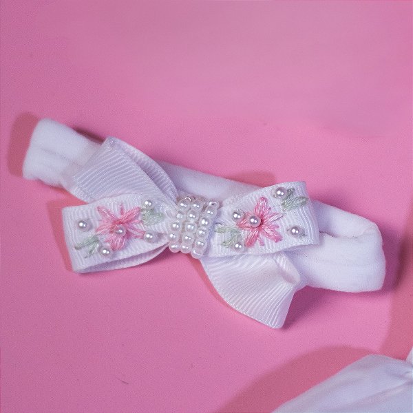 Faixa de Cabelo Infantil na Meia de Seda Pequena Bordada Flores Roana