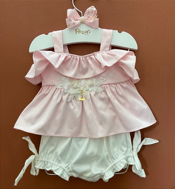 Conjunto Infantil Bata com Culote ou Short Flores e Cetim Rosa Roana