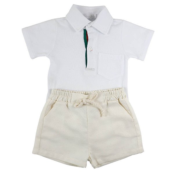 Conjunto Infantil Blusa Gola Polo com Short Menino Pequenos Luxos Estilo Gucci Marfim Roana