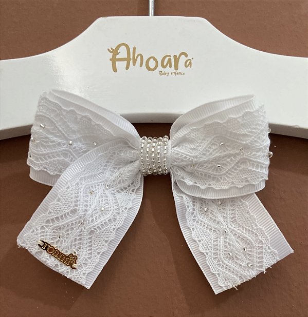 Laço Infantil Grande Bordado e Renda Branco Roana