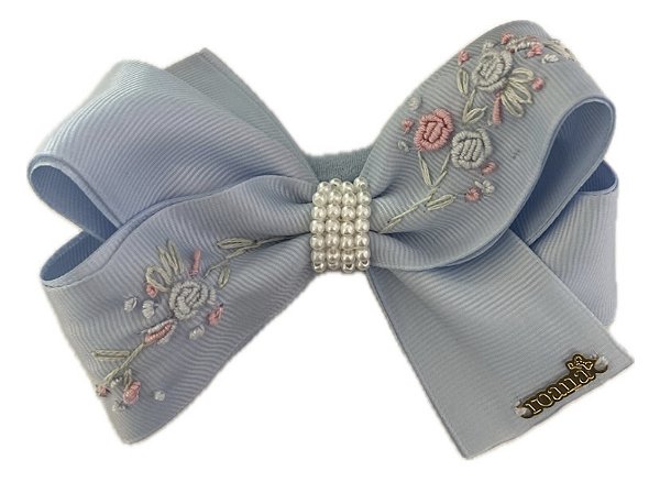Faixa de Cabelo Infantil com Laço Grande Gorgurão Bordado Azul Bebe Roana