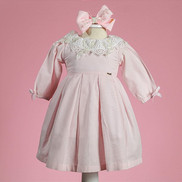 Vestido Infantil com Renda Poemas das Flores Manga Longa Rosa Roana