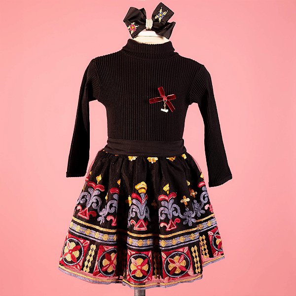 Conjunto Infantil Blusa com Saia Preto Contos Andinos Roana