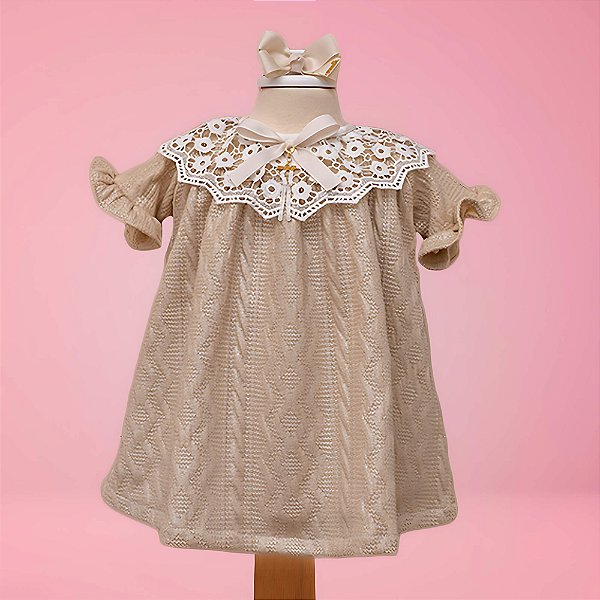 Vestido Infantil Dourado Gola da Renda Manga 3/4 Roana