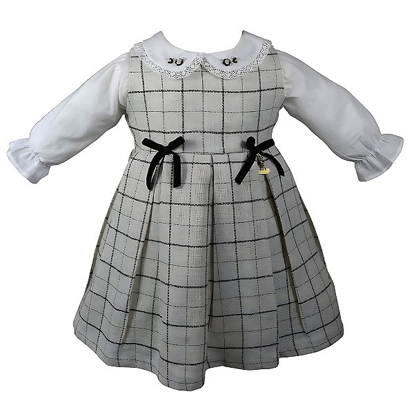 Vestido Infantil Body ou Camisa Grid de Amor Xadrez Marfim com Preto Roana