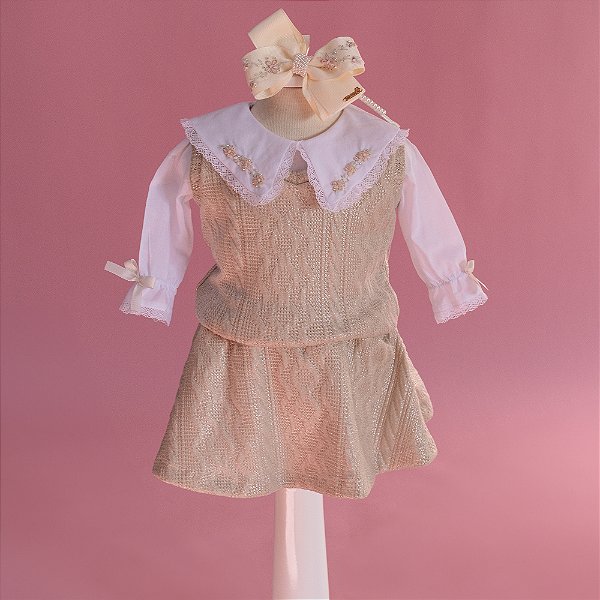 Conjunto Infantil Dourado Blusa Pulôver com Saia Grid de Amor Roana