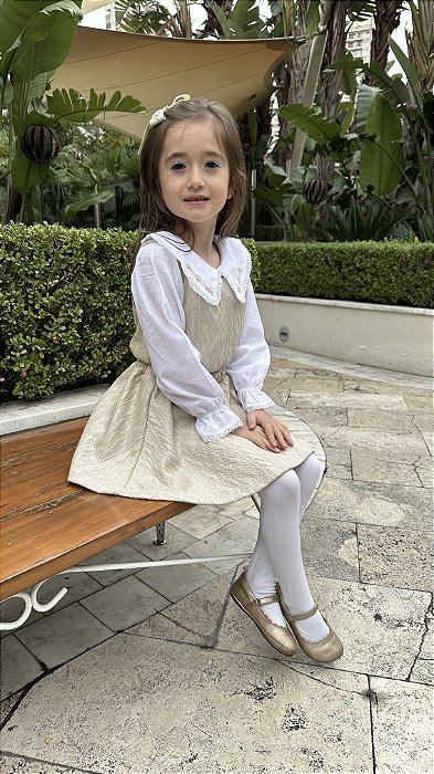 Conjunto Infantil Dourado Blusa Pulôver com Saia Grid de Amor Roana