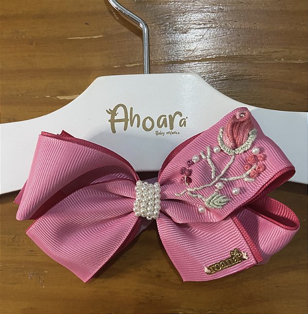 Faixa de Cabelo Infantil Grande Bordado Rosa Roana