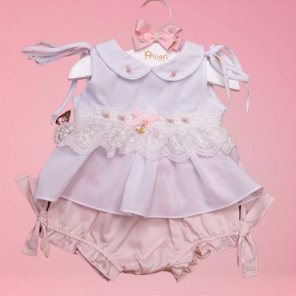 Conjunto Infantil Bata com Culote ou Short Mimos e Renda Rosa Roana