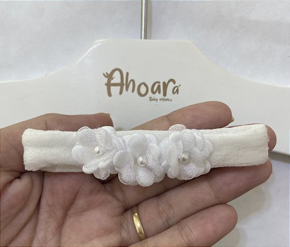 Faixa de Cabelo Infantil para Batizado Florzinhas 3D Branca Roana