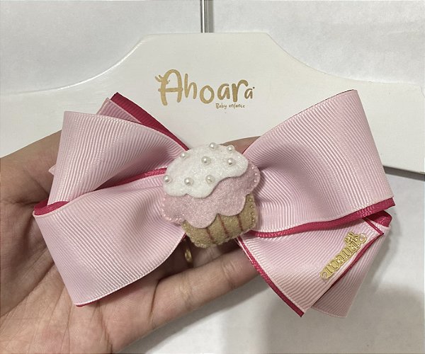 Laço Infantil Grande de Gorgurão e Cupcake Rosa Roana