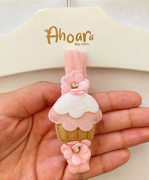 Faixa de Cabelo Infantil Média Cupcake e Flores Rosa Roana