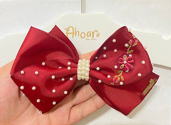Laço Infantil Grande de Gorgurao Bordado e Pérolas Vermelho Roana