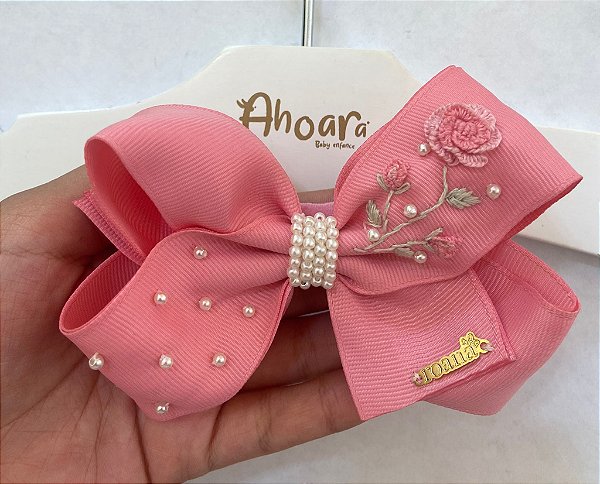 Faixa de Cabelo Infantil Grande Bordado de Flor Rosa Roana