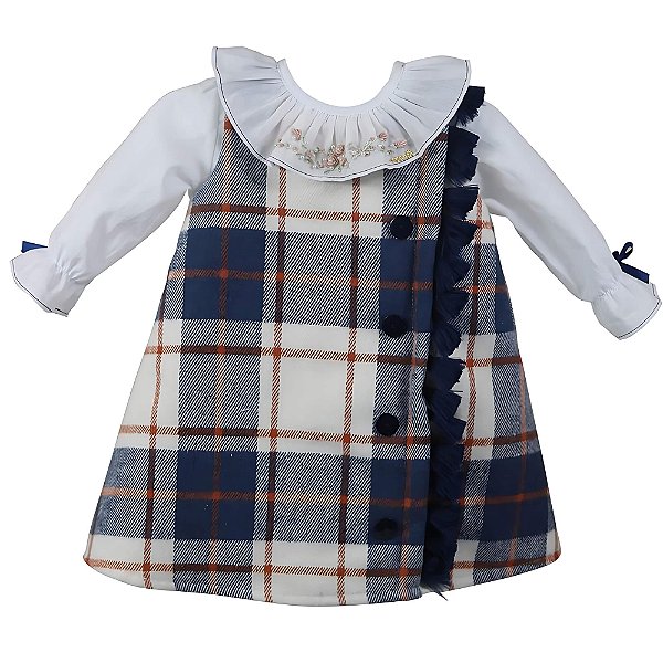 Vestido Infantil com Blusa Manga Longa Vida Escocesa Xadrez Marinho Roana