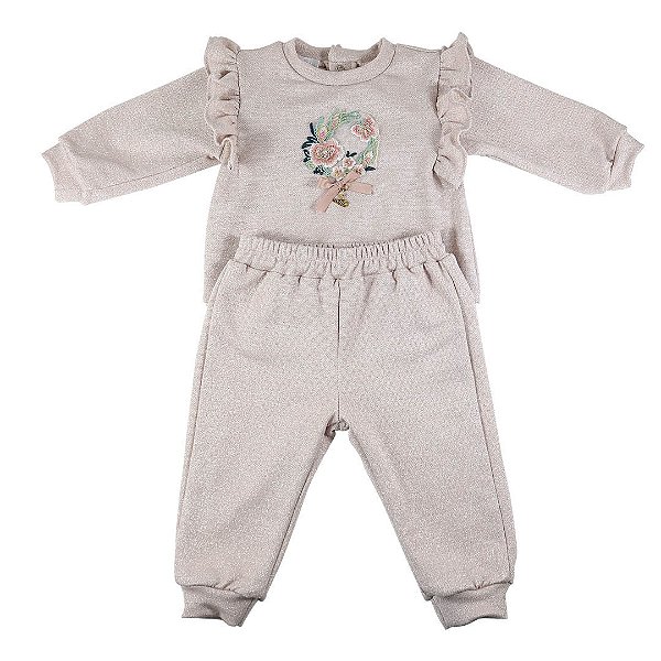 Conjunto Infantil de Moletom Babadinho Brilho de Flor Rosa Seco Roana