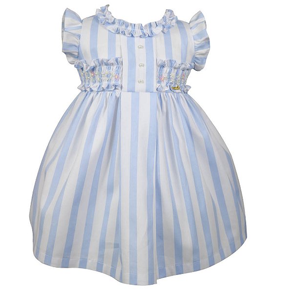 Vestido Infantil Bordado Mar de Flores Listrado Azul Roana