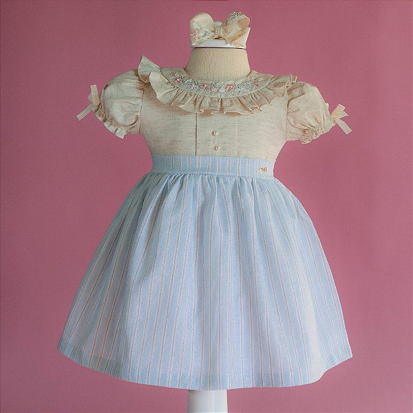 Vestido Infantil Bordado Pura Elegância Listrado Azul Roana