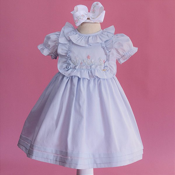 Vestido Infantil Babados e Bordado Sonho Azul Roana