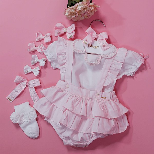 Jardineira Infantil com Body Algodão Doce Rosa Roana