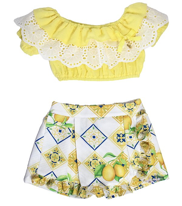 Conjunto Infantil com Cropped e Short Saia Amarelo Roana