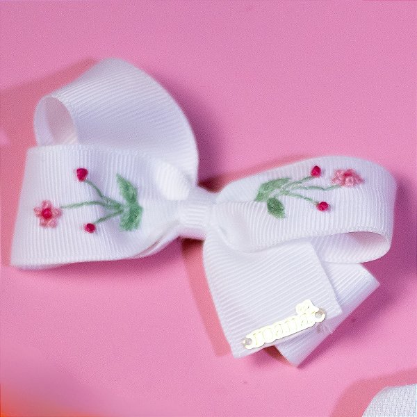 Laço Infantil Médio Bordado Branco Roana