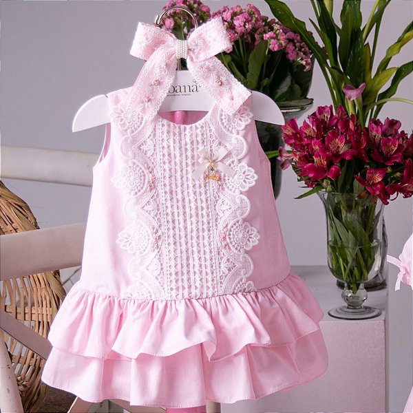 Vestido Infantil com Renda e Bordado Rosa Roana