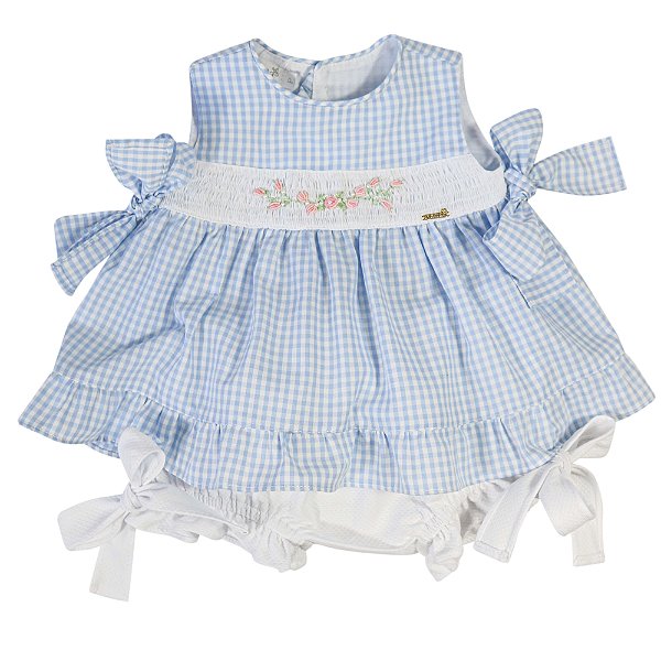 Conjunto Infantil Bata com Culote ou Short Bordado com Lacinhos Xadrez Azul Roana
