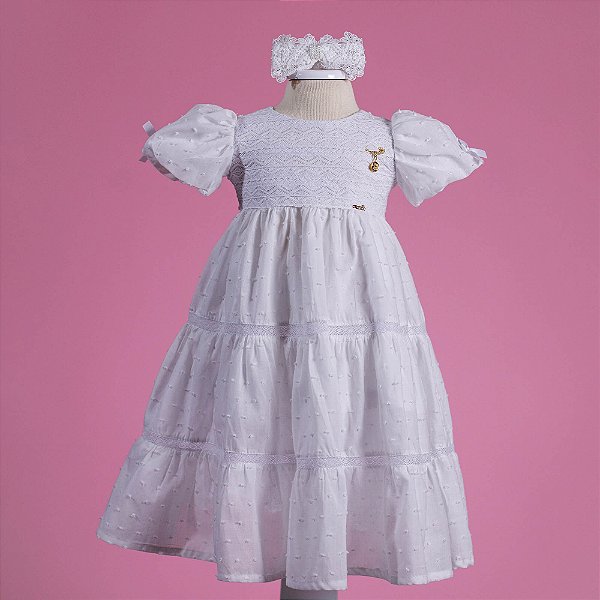 Vestido Infantil Batizado em Cambraia Pipoca com Rendas e Bordados Branco Roana