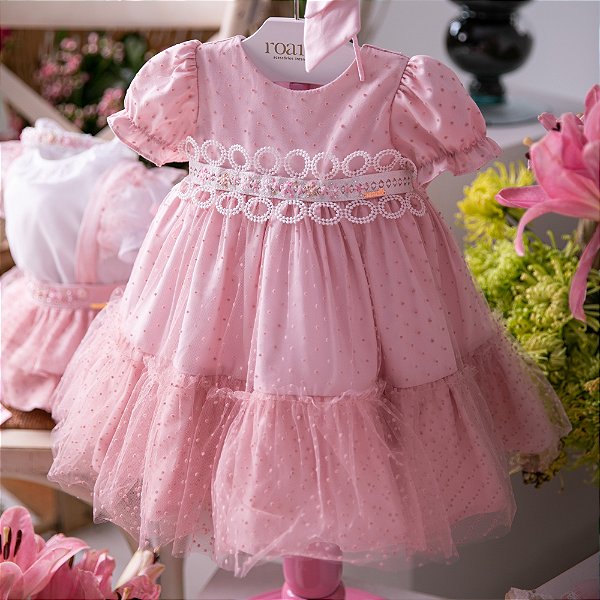 Vestido Infantil Luxo Com Tule Poá Rosa Roana