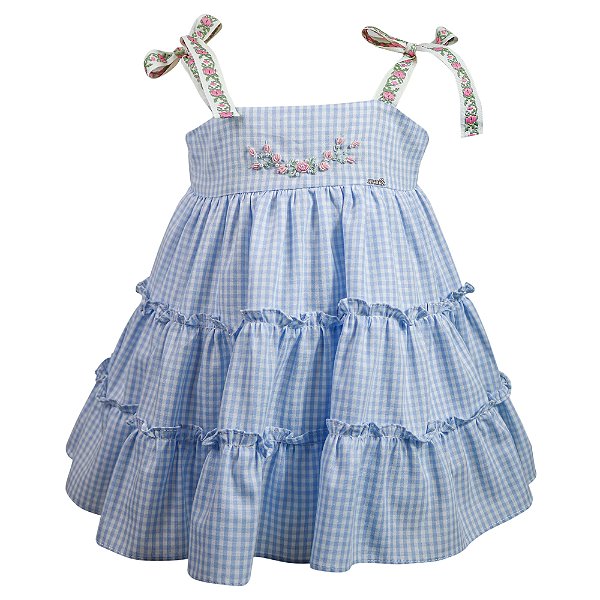 Vestido Bordado com Alça de Fita Xadrez Azul Roana