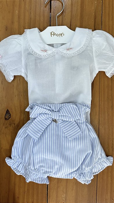 Conjunto Infantil Body Bordado com Culote Listrado Azul Roana