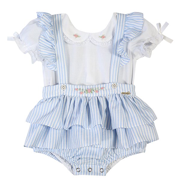 Jardineira Infantil com Body Babadinho Bordada Listrado Azul Roana