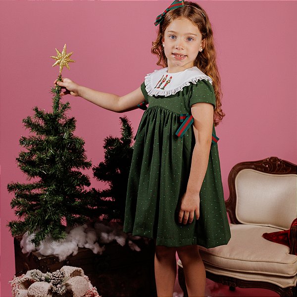 Vestido Infantil Festa Quebra Nozes Lacinhos Verde Natal Poá Ahoara