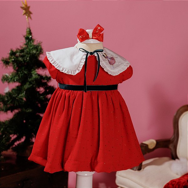 Vestido Infantil com Calcinha Festa Papai Noel Quebra Nozes Poá Vermelho Ahoara