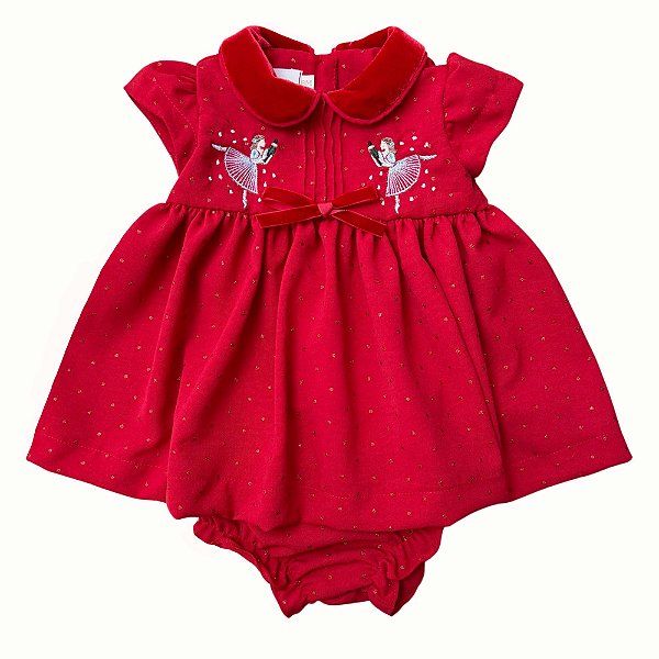 Vestido Infantil com Calcinha Festa Bailarina Quebra Nozes Poá Vermelho Ahoara