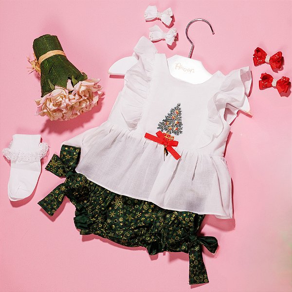 Conjunto Bata Com Culote ou Short Arvore de Natal Quebra Nozes Verde Roana