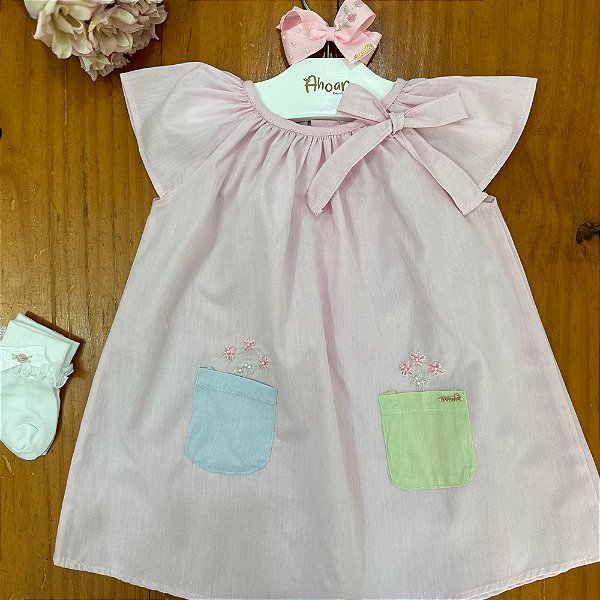 Vestido Infantil Raglan com Bolsinhos Bordados Candy Color Colorido Roana