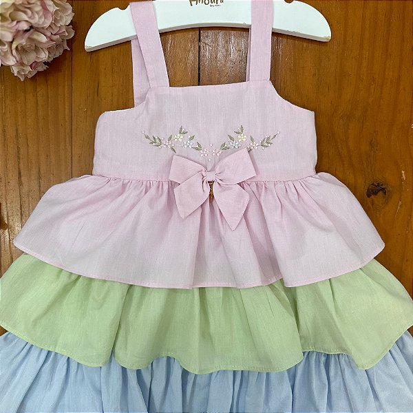 Vestido Infantil Bordado Babados Candy Color Colorido Roana.
