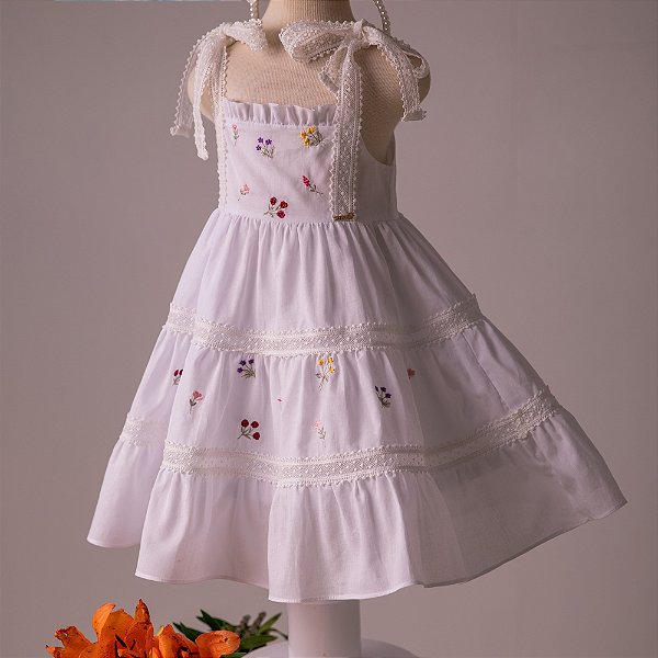 Vestido Infantil Mini Flores Bordado Branco Roana
