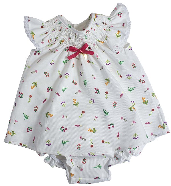 Vestido Infantil com Calcinha Mini Flores Branco Roana