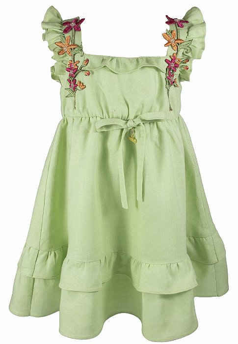 Vestido Infantil com Bordado Aplicado Verde Roana